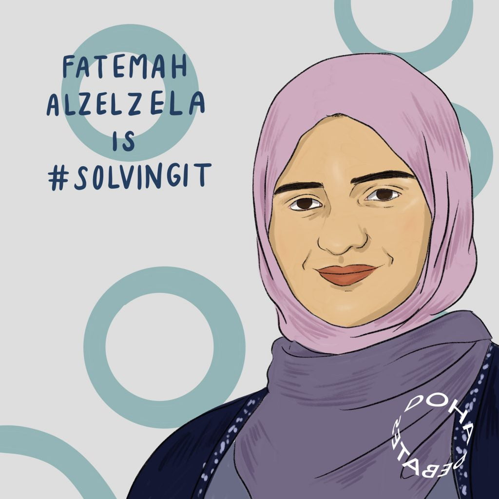 Illustration of a woman wearing a pale pink hijab and a purple dress. She stands against a pale gray background with aqua-colored circles, and text over the image reads, "Fatemah Alzelzela is #SolvingIt."