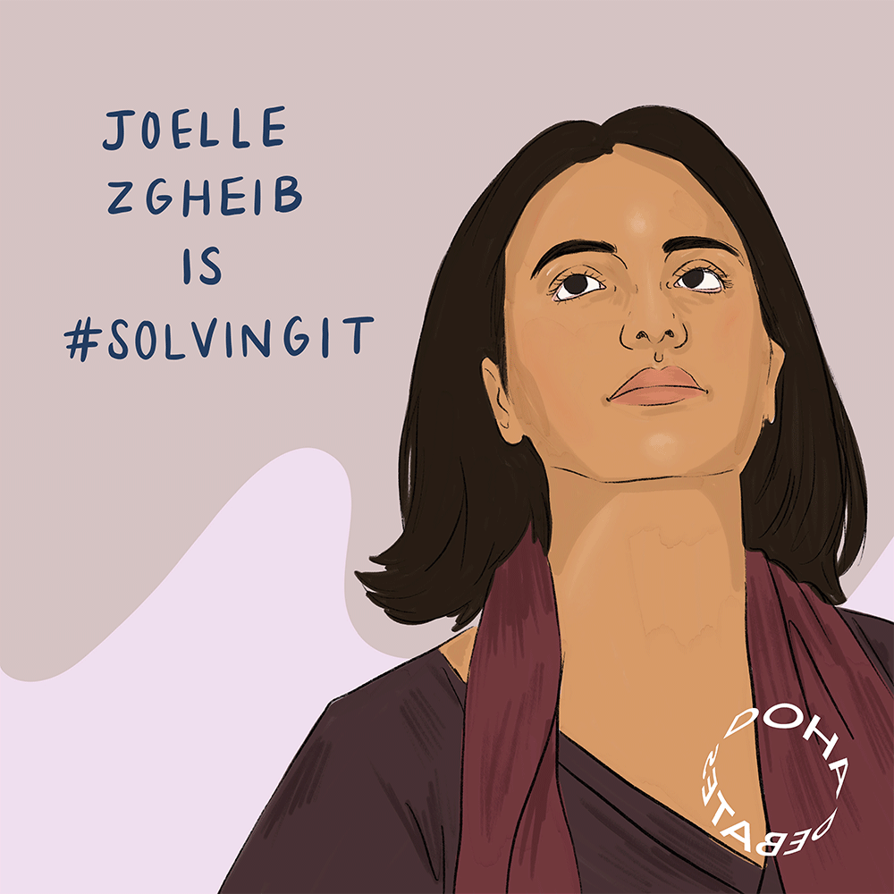 Illustration of a woman with short brown hair and her head tilted slightly up. She is wearing a dark red V-neck shirt and a slightly brighter red scarf. She is standing against an abstract duo-tone pale pink background, and text over the image reads, "Joelle Zgheib is #SolvingIt."