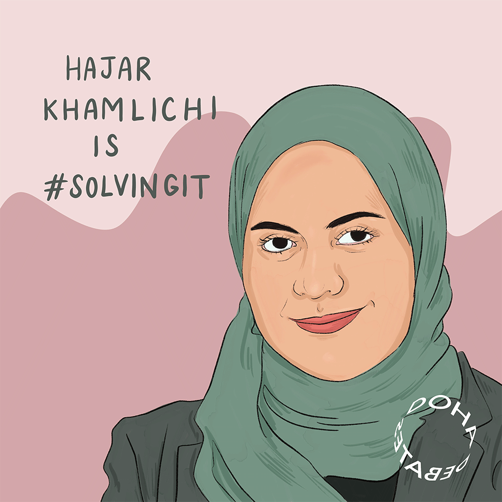 Illustration of a woman with a green headscarf wearing a dark green jacket. She is standing against a half-pink half-mauve background, and text over the illustration reads, “Hajar Khamlichi is #SolvingIt.”