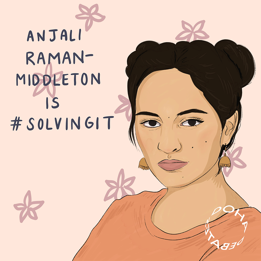 Illustration of a young woman with dark hair wrapped in two buns. She is wearing yellow earrings and a peach-colored shirt, and standing against a beige background with rose-colored flowers. Text over image reads, "Anjali Raman-Middleton is #SolvingIt."