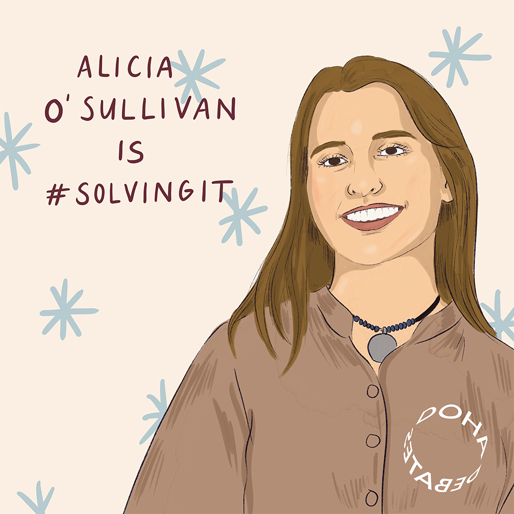 Illustration of a young woman with shoulder-length hair in a beige shirt and blue beaded necklace against a background of blue stars. Text over image reads, "Alicia O'Sullivan is #SolvingIt."