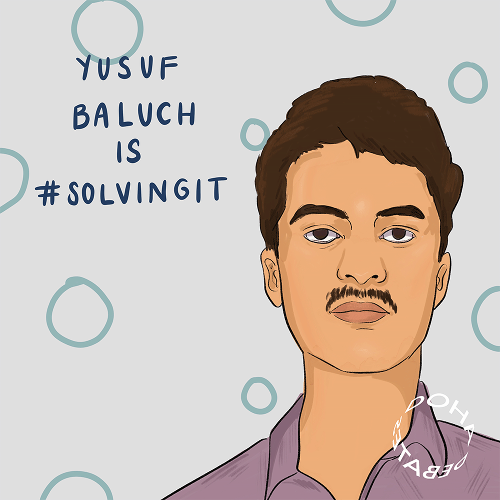 Illustration of a man looking straight forward. He has a thin mustache and short brown hair and wears a muted purple button-up shirt. He stands against a pale gray background with pale green circles, and text over the image reads, "Yusuf Baluch is #SolvingIt."