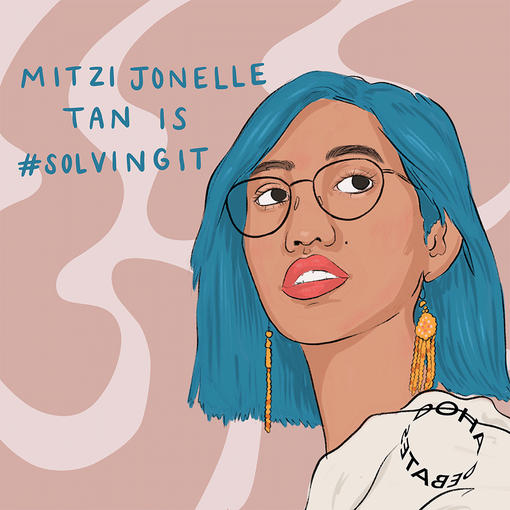 Illustration of a woman with her head turned over her left shoulder. She wears glasses, has bright turquoise hair and wears gold tassel earrings. She stands against an abstract dusty pink background, and text over the image reads, "Mitzi Jonelle Tan is #SolvingIt."