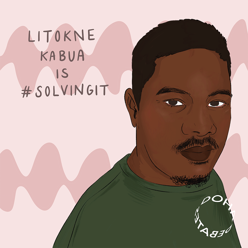 Illustration of a man looking over his right shoulder, directly at the viewer. He has short hair and a mustache and goatee, and wears a dark green T-shirt. He stands against a pale pink background with dusty pink squiggles on it, and text over the image reads, "Litokne Kabua is #SolvingIt."