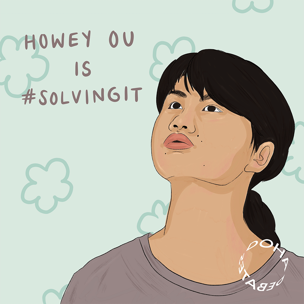 Illustration of a woman facing forward and looking to her upper right. She has thick black hair with bangs, pulled into a low ponytail, wears a dusty pink T-shirt and is standing against a pale seafoam background with slightly darker cloud-shaped squiggles. Text over the image reads, "Howey Ou is #SolvingIt."