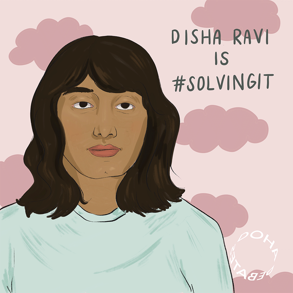 Illustration of a woman with wavy shoulder-length brown hair look straight forward. She is wearing a pale seafoam-green long-sleeved shirt and is standing against a pale pink background with slightly darker pink cloud shapes. Text over the image reads, "Disha Ravi is #SolvingIt."