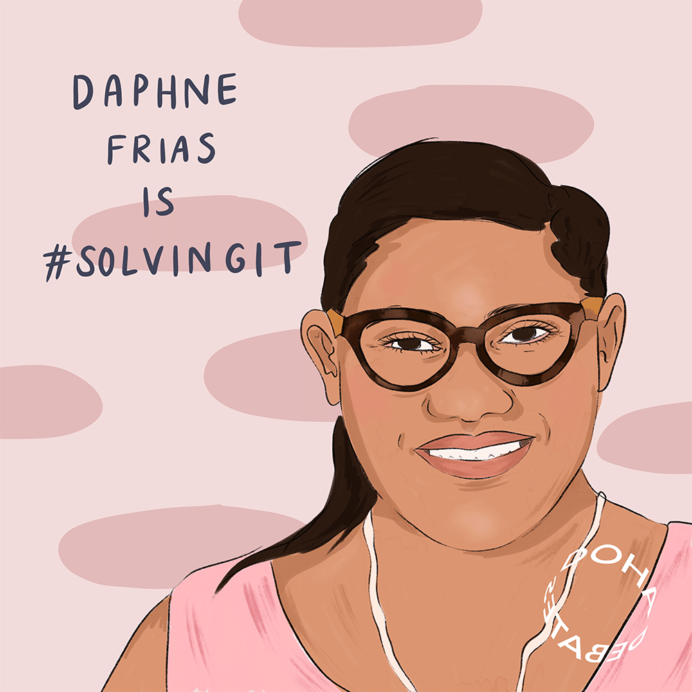 Illustration of a young woman in tortoiseshell glasses and dark hair worn in a ponytail. She is wearing a pink sleeveless shirt against a beige background with pink ovals. Text over image reads, "Daphne Frias is #SolvingIt."