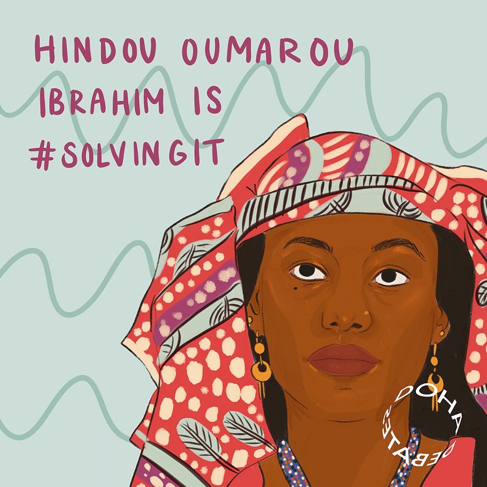 Illustration of a woman facing straight ahead. She wears a headscarf in red, pale green and pale yellow, with a pattern of dots and leaves. She has medium-length black hair and gold earrings. She is against a pale green background with slightly darker squiggles, and text over the image reads, "Hindou Oumarou Ibrahim is #SolvingIt."