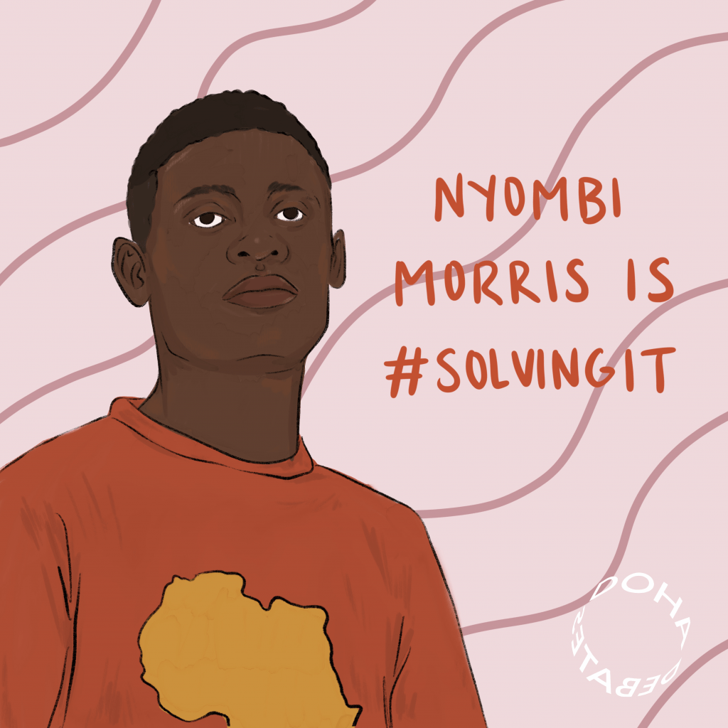 Illustration of a man standing and facing slightly to his right. He is wearing a terracotta-colored T-shirt with the shape of Africa on it, filled in with a gold color. He stands against a pale pink background with slightly darker pink squiggles. Text over the image reads, "Nyombi Morris is #SolvingIt."