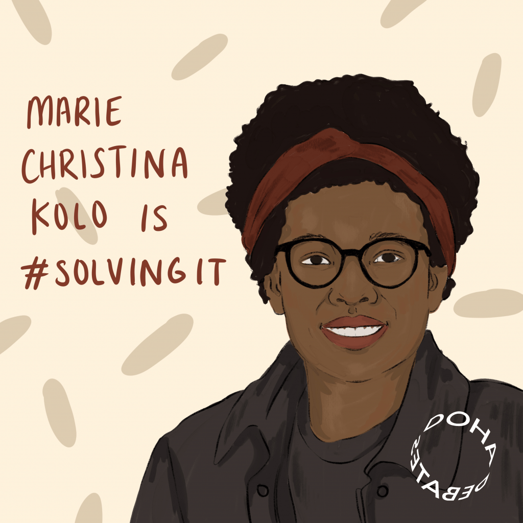 Illustration of a woman with short curly hair looking straight ahead. She is wearing a black button-up over a black T-shirt and has a red headband and black glasses. She is standing against a neutral background, and text over the illustration reads, “Marie Christina Kolo is #SolvingIt.”