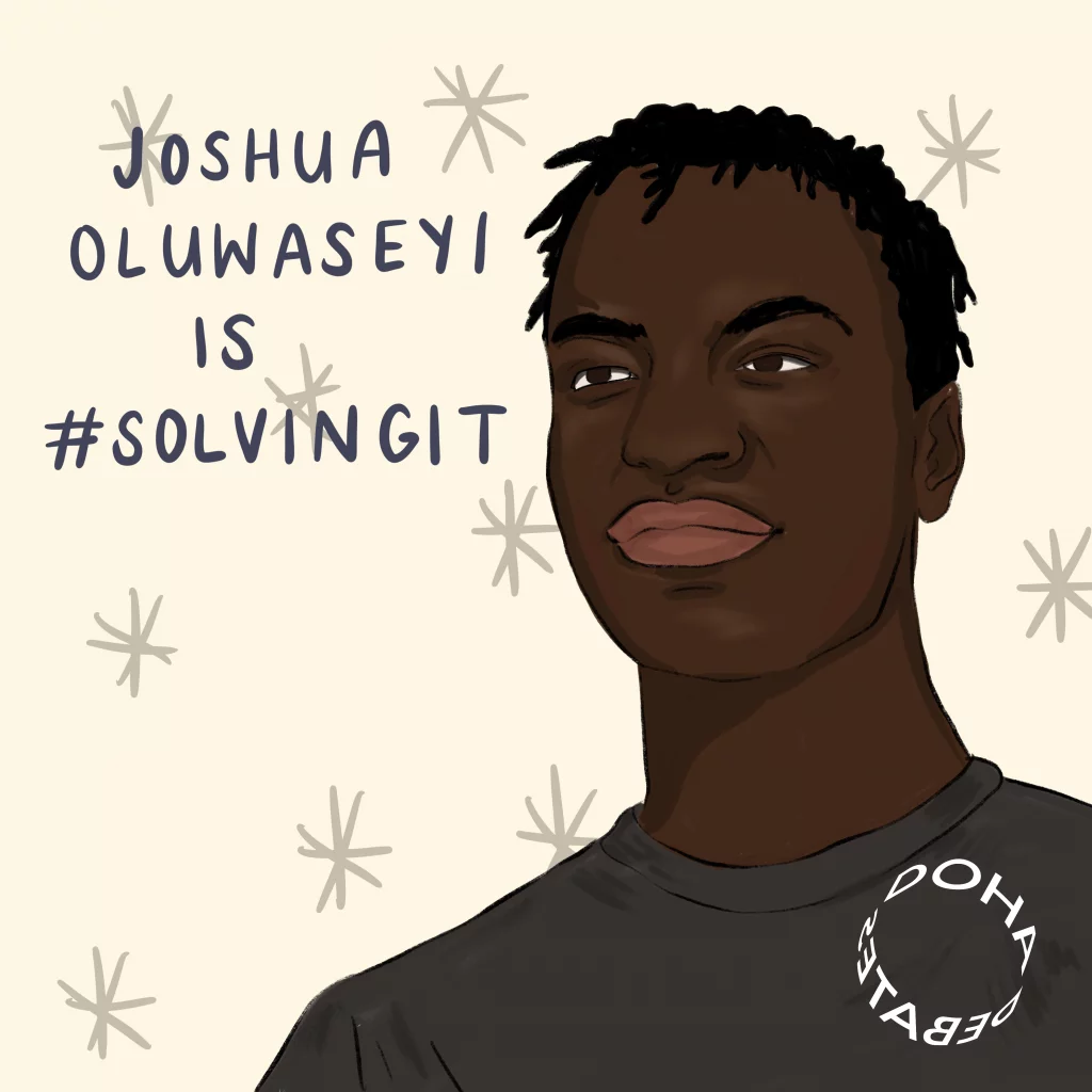 Illustration of a man with brown eyes and short dreadlocks looking into the middle distance. He wears a dark green T-shirt and stands against an off-white background with gray hand-drawn asterisks. Text over the image reads, "Joshua Oluwaseyi is #SolvingIt."